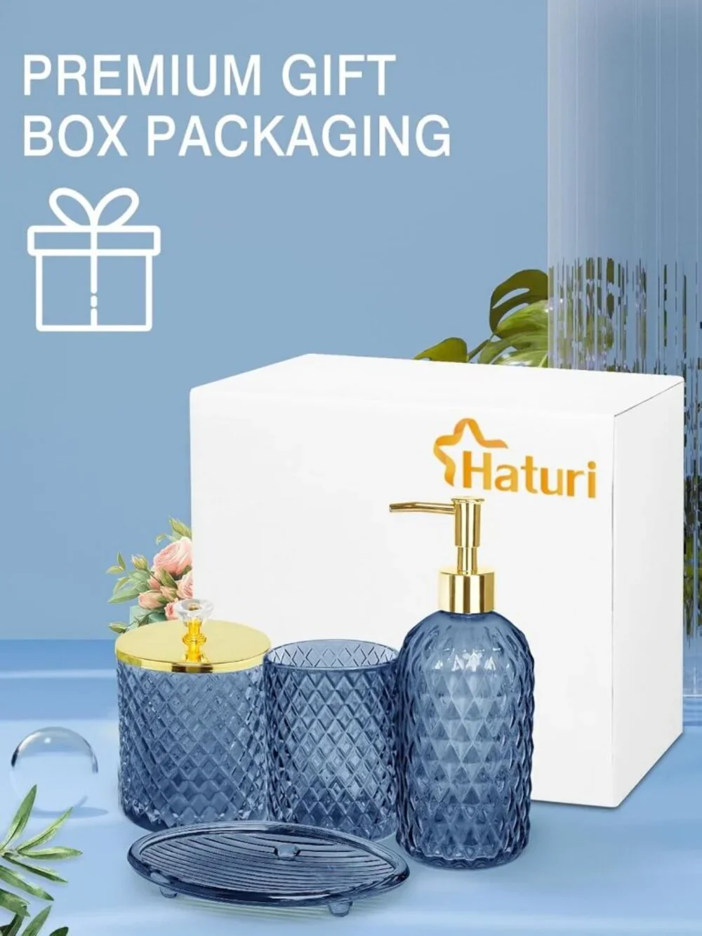 Navy Blue Glass Bathroom Accessories Set - 4 Piece Stylish Decor for Home